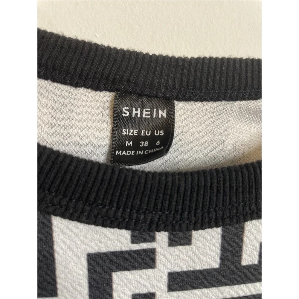 SHEIN Geometric Dress Womens M Black White Mod Bodycon Short Sleeve